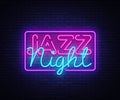 Jazz Night neon sign vector. Jazz Music design template neon sign, light banner, neon signboard, nightly bright Royalty Free Stock Photo