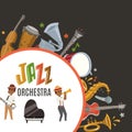 Jazz orchestra or jazzband with cartoon characters musician saxophonist and piano player and musical instruments poster