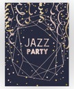 Jazz party invitation. Design template with rose gold polygonal frame, confetti and serpentine.