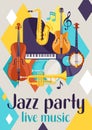 Jazz party live music retro poster with musical instruments