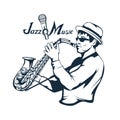 Jazz player with saxophone. Saxophone player. Lettering with a microphone. Silhouette of a musician