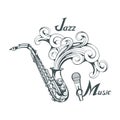 Jazz player with saxophone. Saxophone player. Lettering with a microphone. Silhouette of a musician Royalty Free Stock Photo