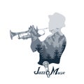 Jazz player with trumpet. Images of the musician double exposure. Trumpet player. Lettering with a microphone.