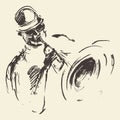 Jazz poster. Man playing saxophone drawn sketch.