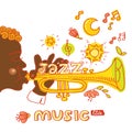 Jazz poster. Set of musical instruments: keyboard, bongos, maracas, guitar, trumpet, saxophone Royalty Free Stock Photo