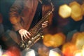 Jazz saxophone player in performance on the stage. color filter Royalty Free Stock Photo