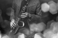 Jazz saxophone player in performance on the stage. color filter Royalty Free Stock Photo