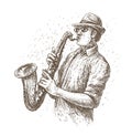 Jazz saxophone player in sketch style. Music concept vintage vector illustration Royalty Free Stock Photo