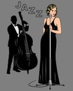 Jazz Singer Girl and Double Bass Player in Retro Stile. Royalty Free Stock Photo