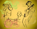 Jazz trio silhouettes on the color background with texture. Royalty Free Stock Photo