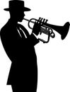 Jazz trumpet player silhouette. Jazzman in a hat and suit plays music on instrument