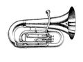 Jazz tuba in monochrome engraved vintage style. Hand drawn trumpet sketch for blues and ragtime festival poster. Musical Royalty Free Stock Photo