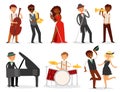 Jazz vector musician character playing on musical instruments saxophone drums and piano illustration music set of singer