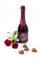 JC Le Roux Sparkling wine on display with roses and chocolate for Valentines day