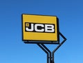 Jcb logo outside the official local dealership. It is a manufacturer of equipment and machinery for construction and agriculture