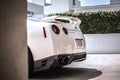 Backside of a white Nissan GT-R R35 Skyline