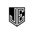 JE Logo monogram shield geometric white line inside black shield color design