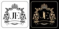 JE royal emblem with crown, set of black and white labels, initial letter and graphic name Frames Border of floral designs Royalty Free Stock Photo