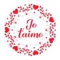 Je t aime calligraphy hand lettering. I Love You inscription in French. Valentines day card. Vector template for poster