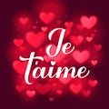 Je t aime calligraphy hand lettering on red background. I Love You in French. Valentines day typography poster. Vector