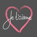 Je t`aime. French lettering. Handwritten romantic quote. Happy Valentine`s day. Holiday in February. Calligraphy