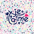 Je t aime french words that translate as I love you. Bold lettering greeting square card with modern geometric pattern