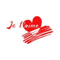 Je t`aime - inscription in French - I love you. Hand-drawn lettering and love symbols. Valentine`s Day and wedding cards collectio