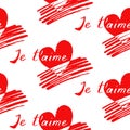 Je t`aime - inscription in French - I love you. Seamless pattern of the hand-drawn calligraphy, blue strokes and pink hearts. Vec Royalty Free Stock Photo