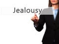 Jealousy - Businesswoman hand pressing button on touch screen in Royalty Free Stock Photo