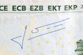 Jean-Claude Trichet`s signature on 100 Euro banknote. Mario Draghi is president of the European Central Bank