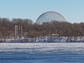 Jean Drapeau park, view from across Saint Lawrence river in winter