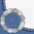 Jeans blue background with empty space. Circle with lace. Royalty Free Stock Photo