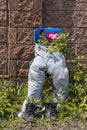 Jeans and boots as flowerpots in the spring garden, closeup. Garden decoration idea