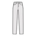 Jeans botton fly tapered Denim pants technical fashion illustration with full length, low waist, rise, 5 pockets, Rivets