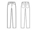 Jeans botton fly tapered Denim pants technical fashion illustration with full length, low waist, rise, 5 pockets, Rivets