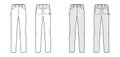 Jeans carpenter Denim pants technical fashion illustration with full length, low waist, rise, 5 pockets, Rivets. bottom