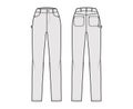 Jeans carpenter Denim pants technical fashion illustration with full length, normal waist, high rise, 5 pockets, Rivets