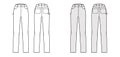 Jeans carpenter Denim pants technical fashion illustration with full length, normal waist, high rise, 5 pockets, Rivets