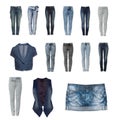 Jeans clothes collection from white background Royalty Free Stock Photo