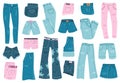 Jeans clothes. Denim trousers, shorts and skirt, blue jeans unisex apparel. Stylish casual denim garments vector