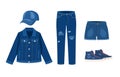 Jeans clothing collection. Denim cap, jacket, shorts and sneakers. Trendy fashion ripped denim casual clothes vector