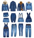 Jeans clothing collection with ripped details. Dark Blue denim jeans, shorts and jackets fits and styles. Vector jeans clothing Royalty Free Stock Photo