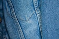 Jeans and denim jacket close-up in blue with straight seams. Wardrobe Update. Top view. Flat lay composition