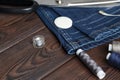 Jeans with dressmaking sewing utensils needlework