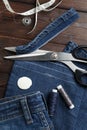 Jeans with dressmaking sewing utensils needlework