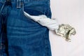 Jeans with empty pocket and the last one dollar. Royalty Free Stock Photo