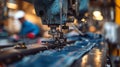 Jeans. Foot Of Sewing Machine On Jeans Fabric. Royalty Free Stock Photo