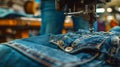 Jeans. Foot Of Sewing Machine On Jeans Fabric. Royalty Free Stock Photo