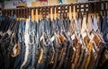 Jeans hanging on the floor in the department store to sell in many sizes in Central Department Store