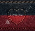 Jeans heart pierced with arrow, I love You, texture fabric denim, black red